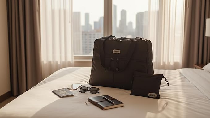 GOX Packable Tote Bag – Under Seat Airline Personal Item, Lightweight Foldable Travel Duffel 28L, Nylon Shoulder Bag for Women Men, Carry-on Weekender for Plane Gym (Black)