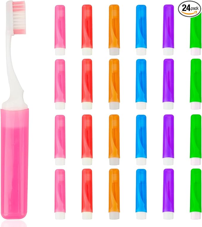 Travel Toothbrush 24 Pcs Travel Toothbrush Set Mini Portable Toothbrushes Soft Travels Size Toothbrushes Kit Small Foldable Tooth Brush with Case Cover for Home Camping Hiking Individually Wrapped