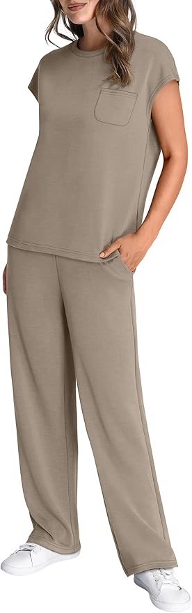 WIHOLL 2 Piece Sets for Women Casual Summer Travel Vacation Outfits Cap Sleeve Lounge Set
