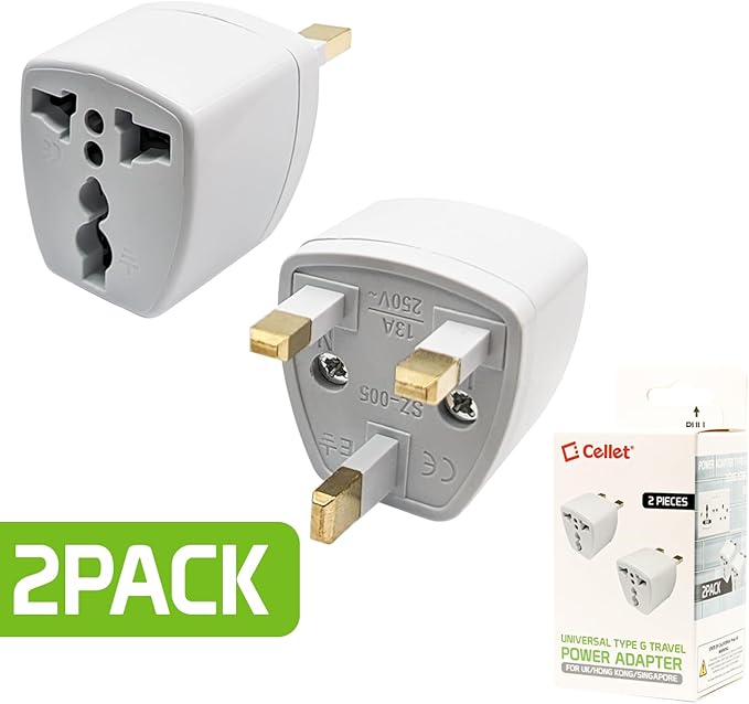 Cellet Universal Travel Adapter: Seamless Plug Conversion for International Travelers AC Wall Power Adapter to Convert China, UK, AU, EU & Other Plugs to US Plug (2PACK) (Type-G (UK HK))