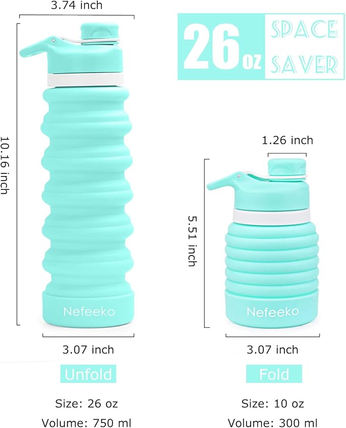 Nefeeko Collapsible Water Bottle, 26oz Silicone Foldable Water Bottles Leakproof BPA Free Travel Water Bottles with Carabiner, Portable Sport Water Bottles for Camping,Hiking Outdoor Indoor Sport