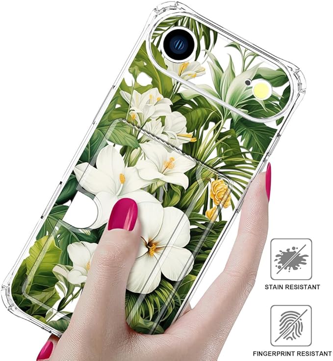 Compatible with iPhone 17 Air Case Card Holder for Women Cute Design,Wallet Phone Cases Transparent Cool Kawaii Protective (Clear Green Flowers Tropical Jungle)