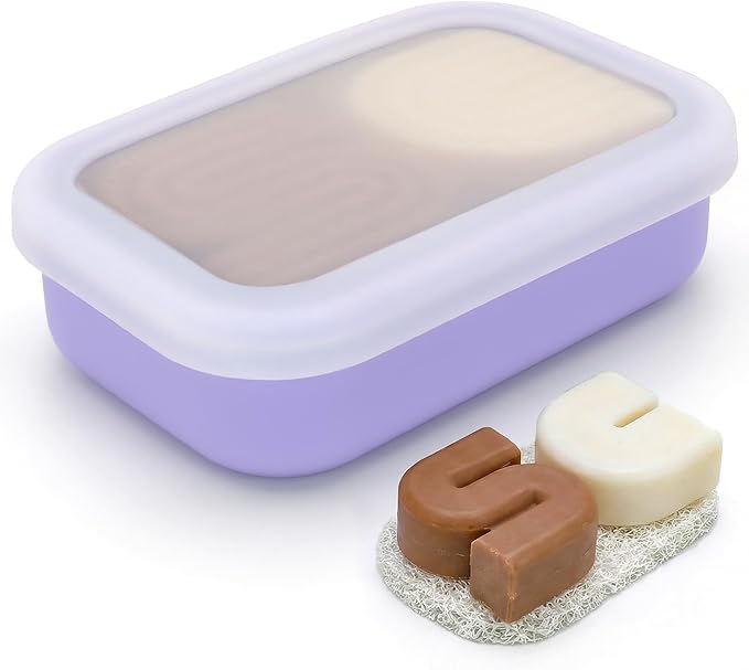 AIDIMMING Enhanced Leakproof Silicone Travel Shampoo bar Holder, Shampoo and Conditioner Bar Container, Soap Box for Handmade Soap, Shatterproof Soap Holder for Save Soap (Clear&Violet)