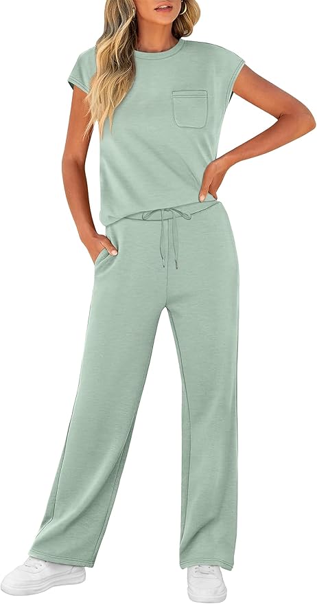 WIHOLL 2 Piece Sets for Women Casual Summer Travel Vacation Outfits Cap Sleeve Lounge Set