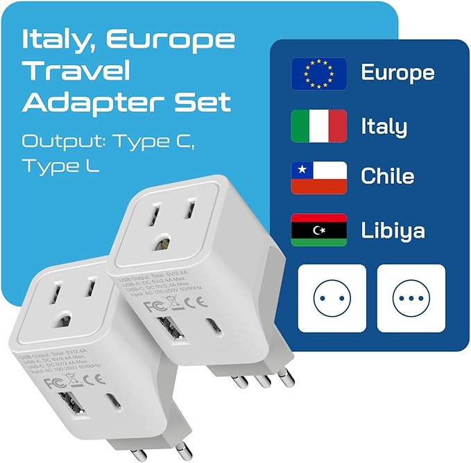 Ceptics Italy, Europe Travel Adapter Plug Set - 2 Pack - with 2 USB + USA Socket Input - Type L and Type C - Ultra Compact - Safe Grounded Perfect for Cell Phones, Laptops, Camera Chargers