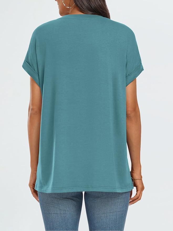 AUTOMET Women's Oversized Short Sleeve T Shirts Casual Drop Shoulder Rolled Cuff Summer Tops for Work, Travel and Lounge