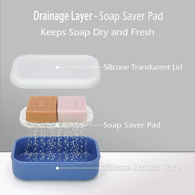 AIDIMMING Enhanced Leakproof Travel Soap Case,Shatter-Proof & Slip-Resistant Silicone Shampoo Bar Holder, Large Bar Soap Container with Draining Layer-Soap Saver Pad (Clear&Blue)