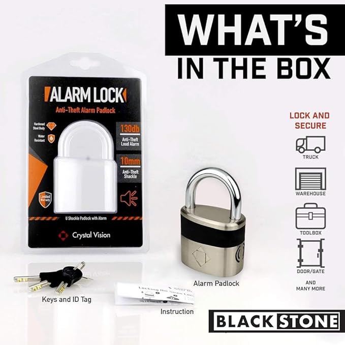 Blackstone Anti-Theft Loud 130db Alarm Padlock Weather Proof Heavy Duty Multi Purpose (10mm Shackle)
