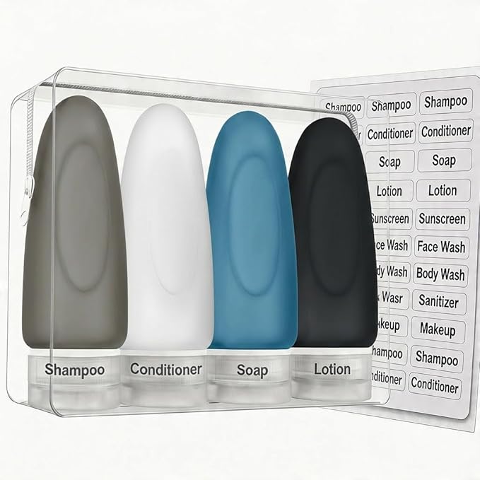 Dot&Dot Leak Proof Travel Bottles - Tubes for Liquid TSA Approved 3oz Silicone Toiletries Travel Shampoo & Conditioner Containers with Labels
