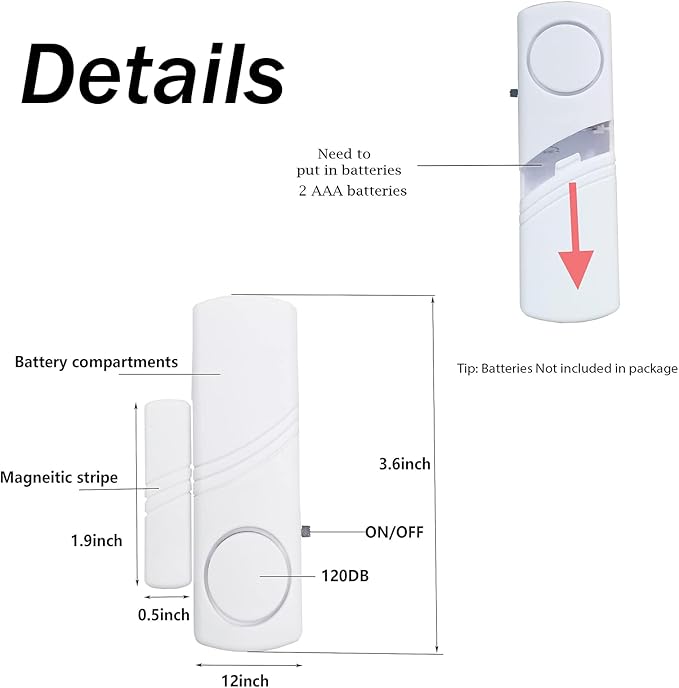 2 Pack Door Window Alarm, Magnetic Burglar Alert Sensor, Loud Door Alarms for Kids Safety, DIY for Home Security, Office Protection,Shopping Store Need AAA Battery(withoutbattery)