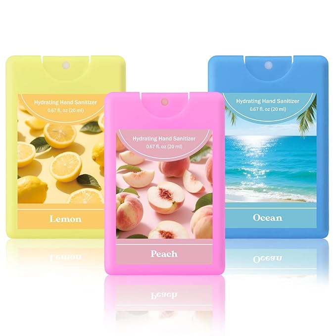Set of 3 Power Mist Hydrating Hand Sanitizer Spray Bulk Travel Size Refreshing Hand Sanitizer 0.67 Fl. oz Compact Card Spray Bottle Peach Lemon Ocean Scent for Summer Party Favors Family Gifts