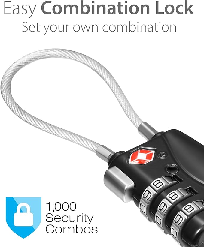 Fosmon TSA Approved Cable Locks for Luggage, Suitcase, Gun Case with Push Release Button, 3 Digit Long Shackle Combination Wire Locks for Backpack Zipper Anti Theft, Gym Locker -2 Pack, Black
