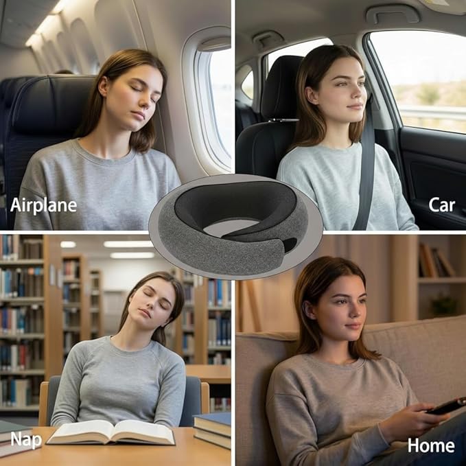 Travel Neck Pillow for Airplane - 100% Memory Foam 360° Ergonomic Support - Adjustable Velcro, Washable Velvet Cover & Compact Storage Case - Flight Essentials for Sleeping(Grey)
