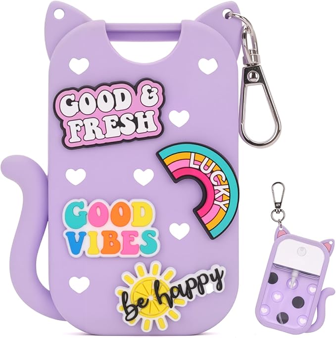 Silicone Case Holder Compatible with Hand Sanitizer Spray Touchland 1 fl oz, Cute Cat Ear Protective Case with Keychain & 4 Decorative Charms (Purple, 1P)