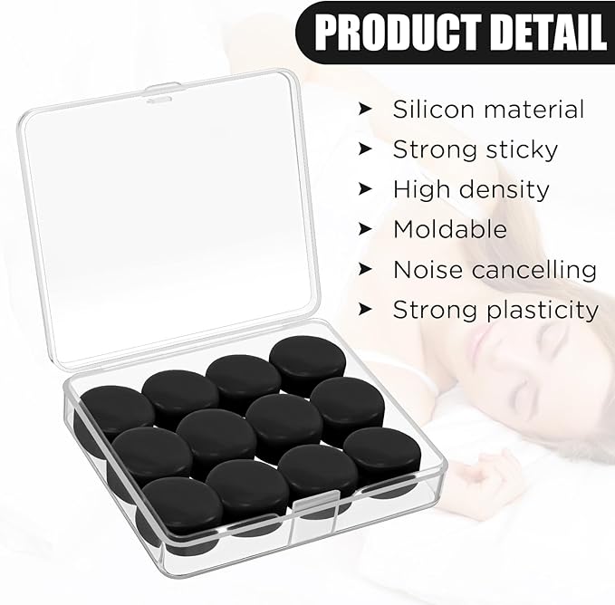 TrelaCo 12 Pack Soft Ear Plugs for Sleeping, Reusable Moldable Silicone Earplugs Noise Cancelling Reduction for Concerts, Swimming, Shooting, Snoring, Airplane, Musicians, Motorcycle (Black)