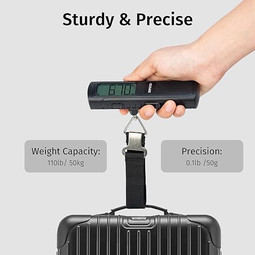INFOOD Battery-Free Digital Luggage Scale, Suitcase Scale for Travel, Portable Luggage Weight Scale with Hook & LCD Display for Luggages, Packages & Bags, 110lb/50kg Handheld Scale, Black