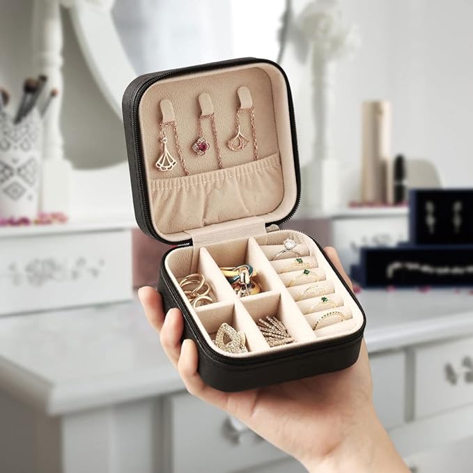 ZPROW Travel Jewelry Case, Mini Portable Jewelry Travel Boxes, Small Jewelry Organizer for Rings, Earrings, Pendants, Watches, Necklaces, Lipsticks Organizer Storage Holder Case (Black)