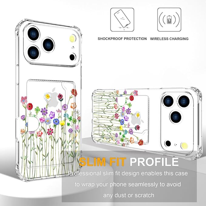 Compatible with iPhone 17 Pro Max Case Card Holder for Women Cute Design,Wallet Phone Cases Transparent Cool Kawaii Protective (Clear Flower Floral Bouquet)