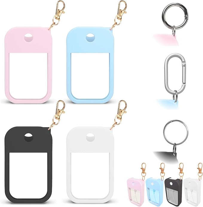 4 PCS Soft Silicone Case for Touchland Power Mist (1FL. OZ./30 mL), Protective and Stylish Case with Keychain Compatible with Touchland Hand Sanitizer Spray (Pink/Blue/White/Black)