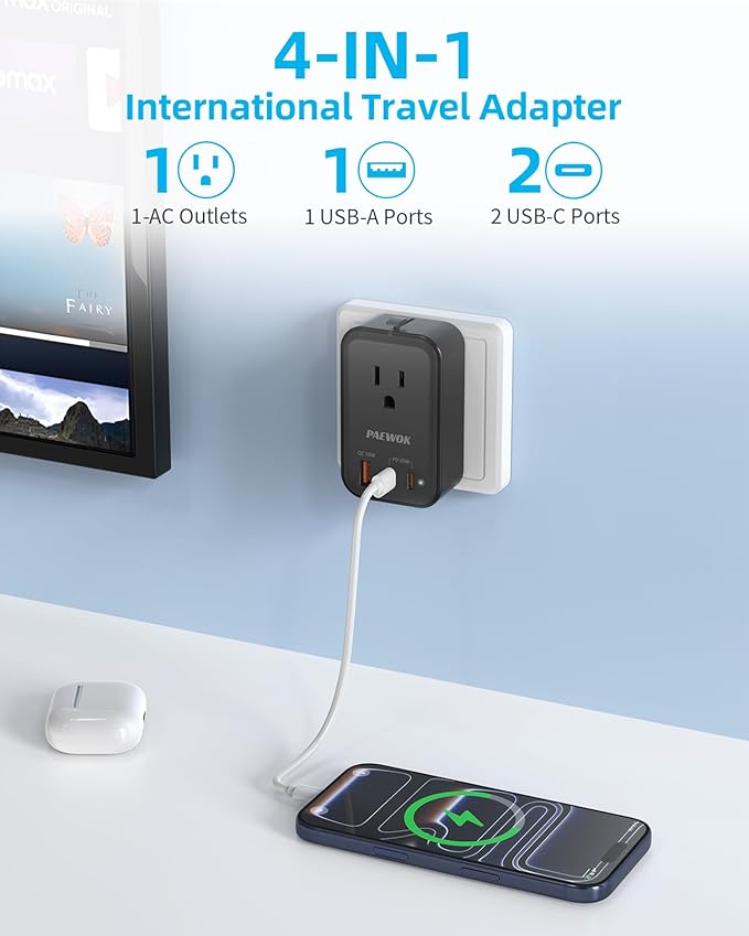 PAEWOK Travel Adapter PD 20W, Mini Universal Travel Adapter with 1 AC Outlet and USB Fast Charging, Ultra Thin International Plug Adaptor for US to European UK Italy Spain New Zealand (Type C G A I)