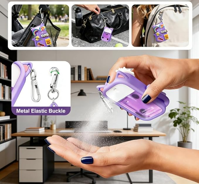 Portable Silicone Case Compatible with Touchland Hand Sanitizer 1 FL OZ / 30ML, Cute Cat-Shaped Case with 8 Charms and Keychain, Hand Sanitizer Spray Accessory, Gift for Women And Teens(Purple cat)