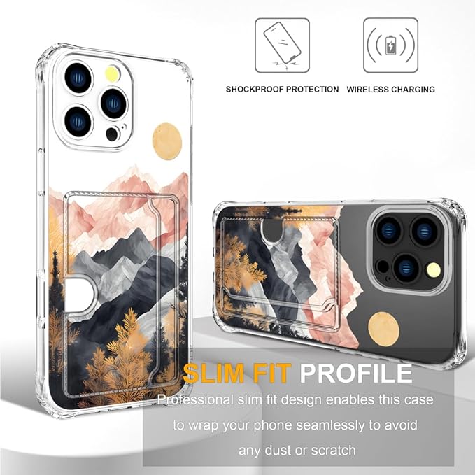 Compatible with iPhone 16 Pro Case Card Holder for Women Cute Design,Wallet Phone Cases Transparent Cool Kawaii Protective (Clear Mountain Hill Landscape)