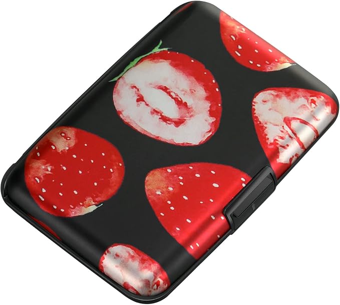ELFISH Mini RFID Aluminum Wallet Credit Cards Holder Business Card Case Metal ID Case for Men Women（Strawberry