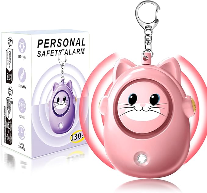 Personal Alarms Keychain, 130dB Loud Safety Siren, LED Light, Cute Cat Design Security Device for Women, Elderly, Children
