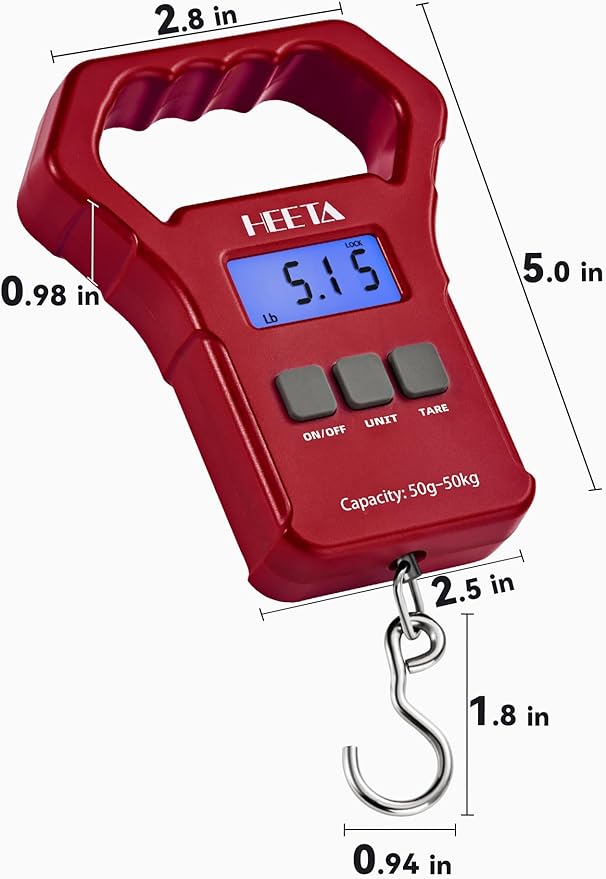 HEETA Fish Scale, 110lb/50kg Digital Portable Hanging Fishing Weight Scale with Backlit LCD Display, Luggage Scale with Hook, Non-Slip Large ABS Handle & 2 AAA Batteries, Fishing Gifts Gear for Men