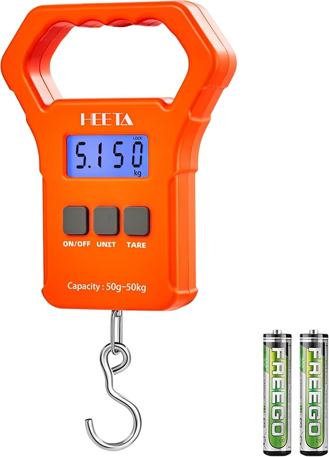 HEETA Fish Scale, 110lb/50kg Digital Portable Hanging Fishing Weight Scale with Backlit LCD Display, Luggage Scale with Hook, Non-Slip Large ABS Handle & 2 AAA Batteries, Fishing Gifts Gear for Men