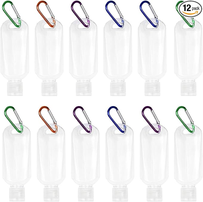 12 Pcs Travel Bottles with Keychain 30ml/1oz Portable Leakproof Squeeze Small Bottles With Flip Cap Refillable Empty Containers for Hand Sanitizer Shampoo Conditioner Toiletry