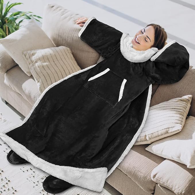 PAVILIA Sherpa Blanket with Sleeves, Foot Pocket for Women Men Adults, Thick Wearable Blanket Throw Wrap, Fleece Warm Snuggle Blanket Robe, Cozy Gift Ideas Wife Mom, Black