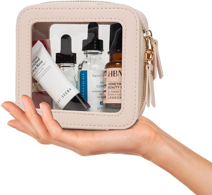 LETGO Portable Makeup Bag for Purse Mini Make up Cute Cosmetic Bag Pouch for Women with Slip-in Pockets Travel Lipstick Bag Organizer Bags Beige