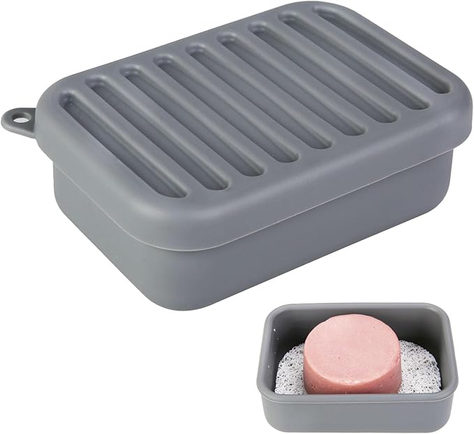 Silicone Leak-Proof Travel Soap Case, Portable Soap Container with Removable Draining Pad, Compact Soap Box for Travel, Gym, Camping, Bathroom(Dark Gray)