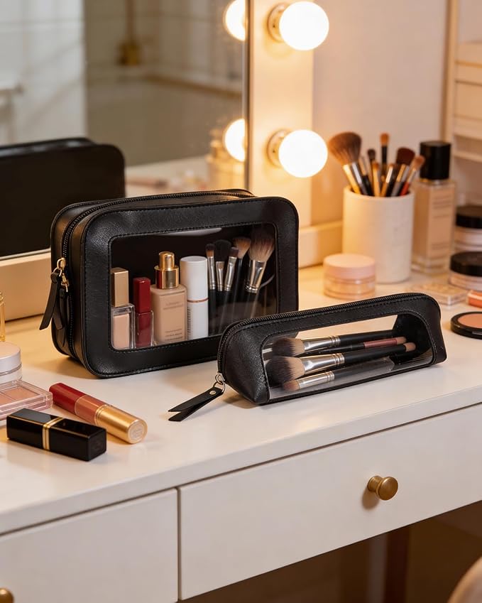 LETGO 2Pack Clear Makeup Bags Set, Portable Makeup Brush Bag, Zipper Storage Bag Organizer Pouch, Versatile Storage Stationery, Travel Storage Bag, Portable Cosmetic Storage Bag (Black)