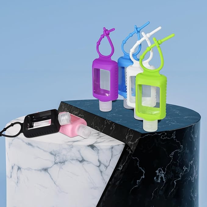 6Pcs Travel Size Empty Hand Sanitizer Holder with Silicone Keychain, 2 oz Leak Proof Refillable Plastic Bottles Portable Travel Containers with Detachable Silicone Case