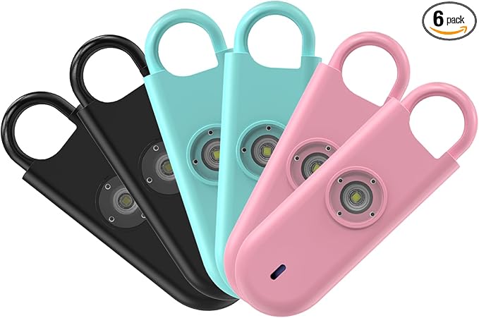 Fauxomor 140dB Personal Safety Alarm for Women, 6 Pack Safe Alarm Protection Keychain with Strobe Light & Low Battery Notice, Security Siren Self Defense for Seniors College Girls, Pink+Blue+Black