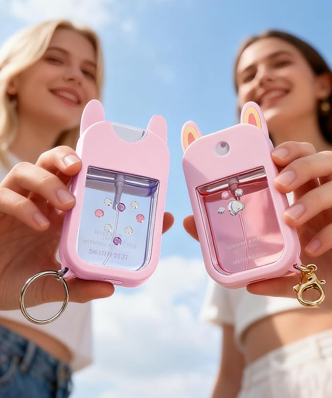 Hand Sanitizer Spray Silicone Case Compatible with Touchland 1 FL. OZ./30 mL, Cute Ears Design Hand Sanitizer Mist Accessory with Keychain (Pink, 1 Pack)