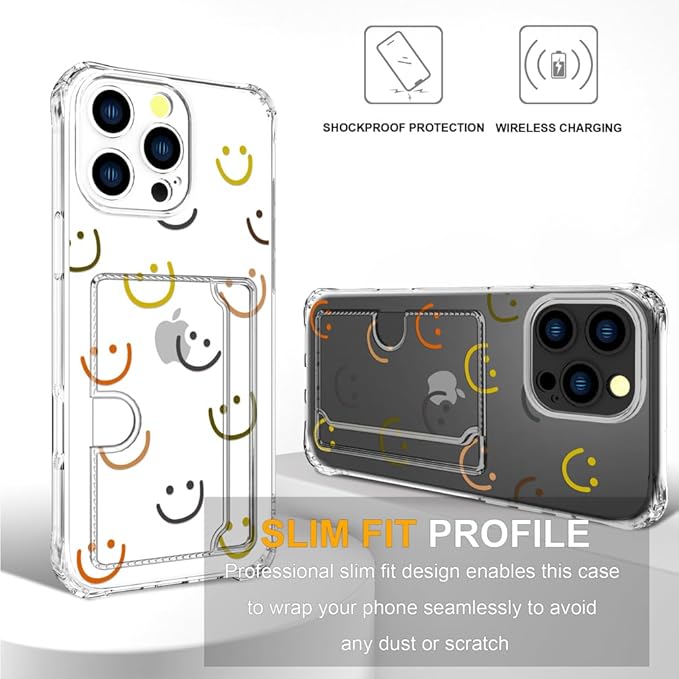 Compatible with iPhone 16 Pro Max Case Card Holder for Women Cute Design,Wallet Phone Cases Transparent Cool Kawaii Protective (Clear Smiley Face)