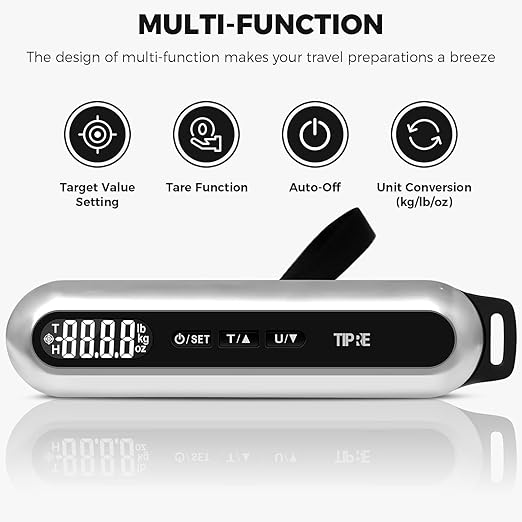 TIPRE Travel Luggage Scale 110lb Digital Suitcase Scale Portable Weight Scale Handheld Baggage Scale High Precision Stainless Steel Luggage Scale Carry-on Weight Scale Lightweight Travel Tool