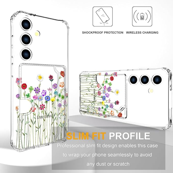 Compatible with Samsung Galaxy S24 / S25 Case Card Holder for Women Cute Design,Wallet Phone Cases Transparent Cool Kawaii Protective (Clear Flower Floral Bouquet)