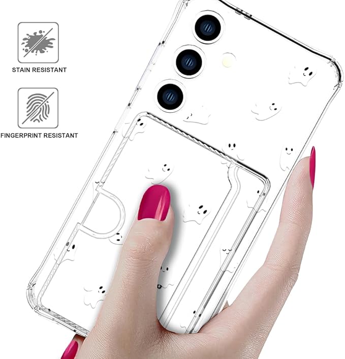 Compatible with Samsung Galaxy S24 / S25 Case Card Holder for Women Cute Design,Wallet Phone Cases Transparent Cool Kawaii Protective (Clear Ghosts Halloween Hallowmas)