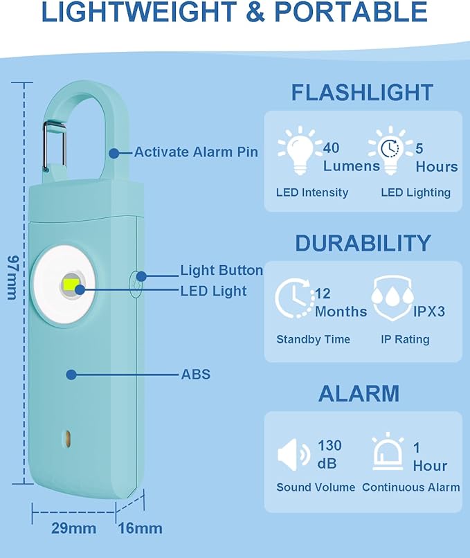 Rechargeable Personal Safety Alarm for Women, Loud Siren Birdie Sound, Strobe SOS LED Light, USB Charging, Be Safe with Personal Alarm Keychain for Wife, Daughter, Student, Aqua