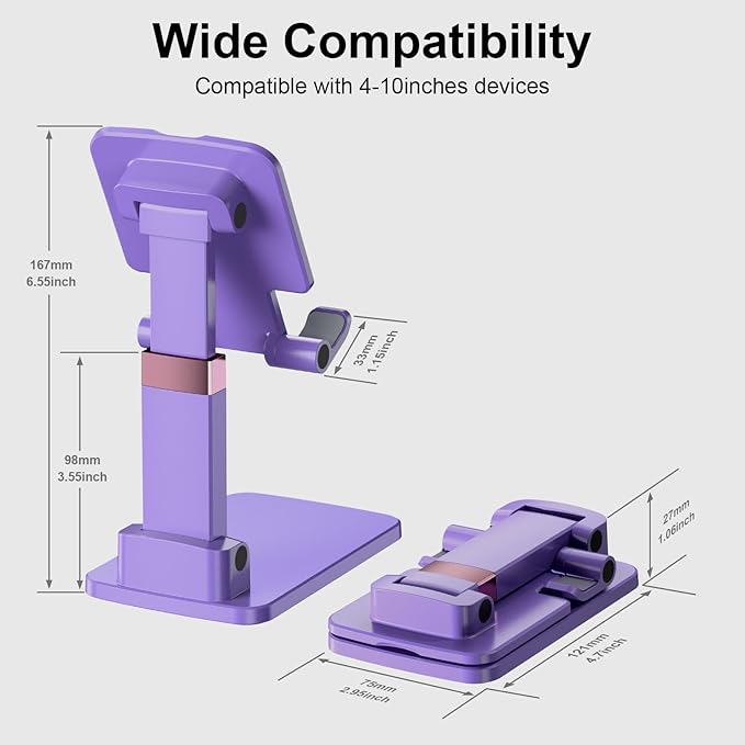 Phone Stand for Desk, Cell Phone Holder Adjustable Cellphone Tablet Stand for Desk Height Angle Adjustable Compact Design for iPhone iPad Android Devices Under 12" (Purple, 1Pack)