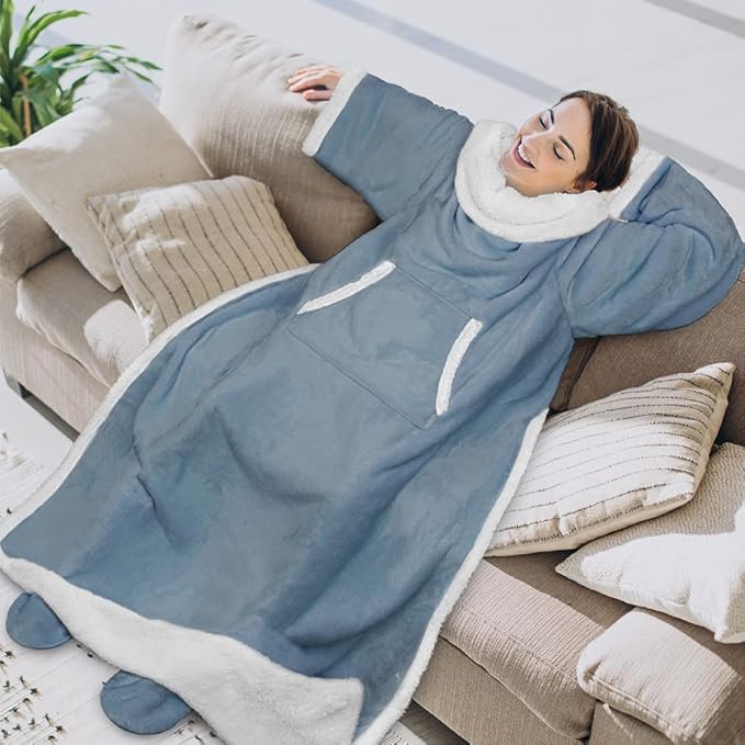 PAVILIA Sherpa Blanket with Sleeves, Foot Pocket for Women Men Adults, Thick Wearable Blanket Throw Wrap, Fleece Warm Snuggle Blanket Robe, Cozy Gift Ideas Wife Mom, Blue
