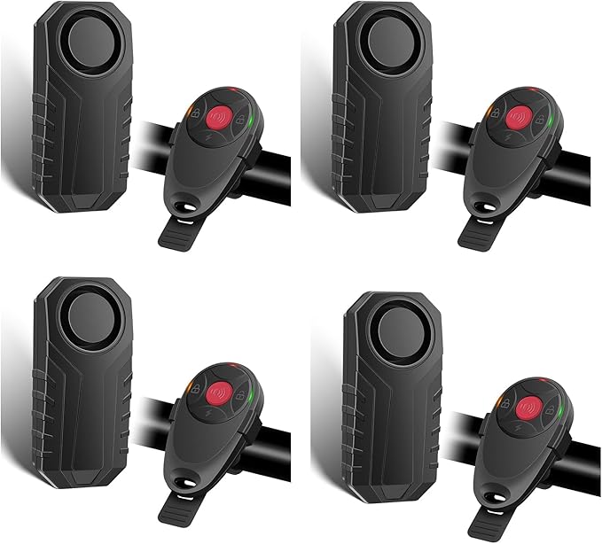 USUPERINK 4Pcs Anti Theft Bike Alarm with Remote,Bike Alarm,Motorcycle Alarm,Motorbike Alarm,Ebike Accessories for Adult Bikes IP65 Waterproof 113dB Super Loud Fit for All Handlebar Sizes Remote Strap