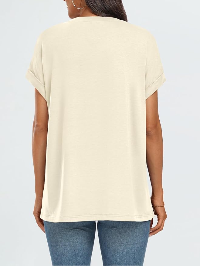AUTOMET Women's Oversized Short Sleeve T Shirts Casual Drop Shoulder Rolled Cuff Summer Tops for Work, Travel and Lounge