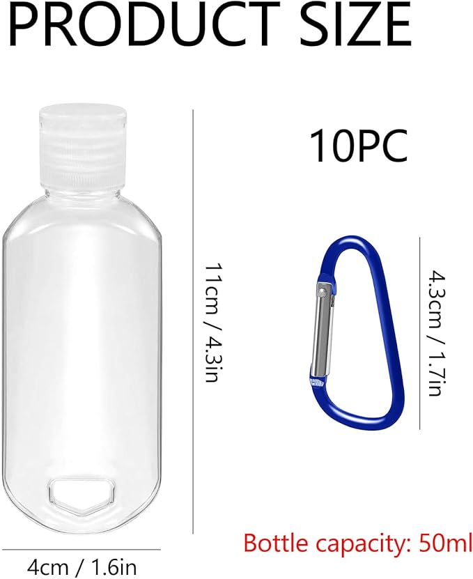 Travel Bottles with Keychain (10 Pcs), 1.7oz (50ml) Portable Plastic Leakproof Squeeze Bottles Kits with Flip Cap - Empty Refillable Containers for Hand Sanitizer Shampoo Conditioner Body Wash Liquid