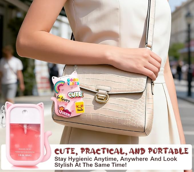 Portable Silicone Case Compatible with Touchland Hand Sanitizer 1 FL OZ / 30ML, Cute Cat-Shaped Case with 8 Charms and Keychain, Hand Sanitizer Spray Accessory, Gift for Women And Teens(Pink cat)