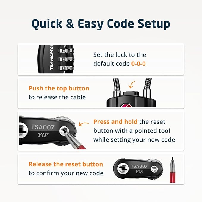4 Pack TSA Approved Travel Combination Cable Luggage Locks for Suitcases & Backpacks - Black